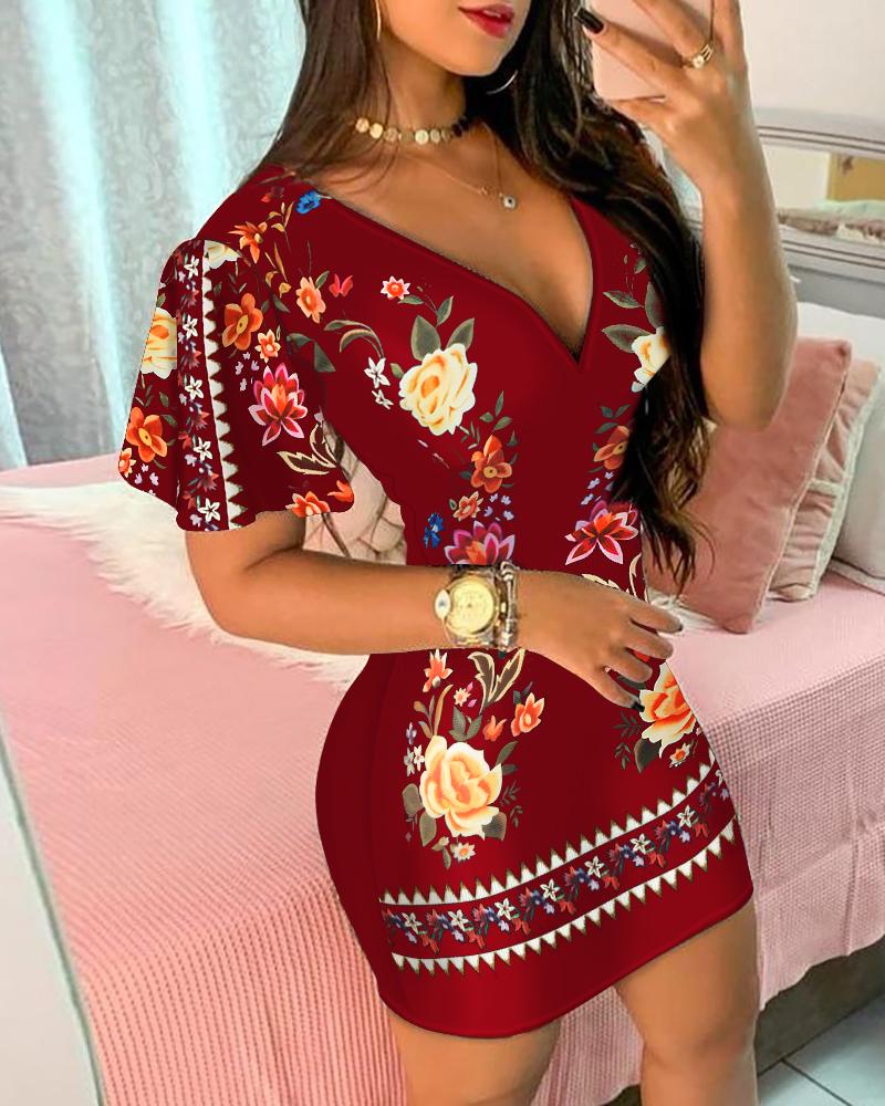 

Ruffles Sleeve Floral Print Bodycon Dress, Wine red