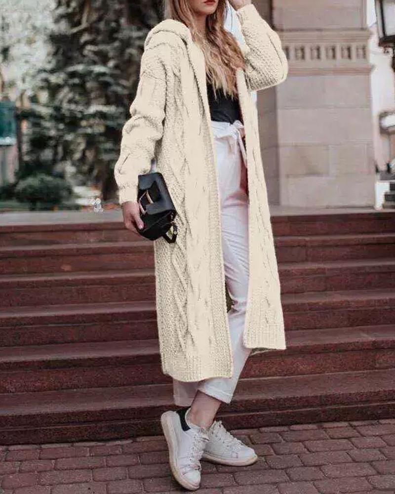 

Hooded Open Front Cable Knit Longline Cardigan, White