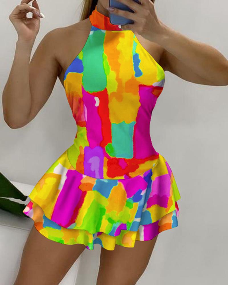 

Tie Dye Print Halter Backless Ruffle Hem Skort Romper, Multicolor