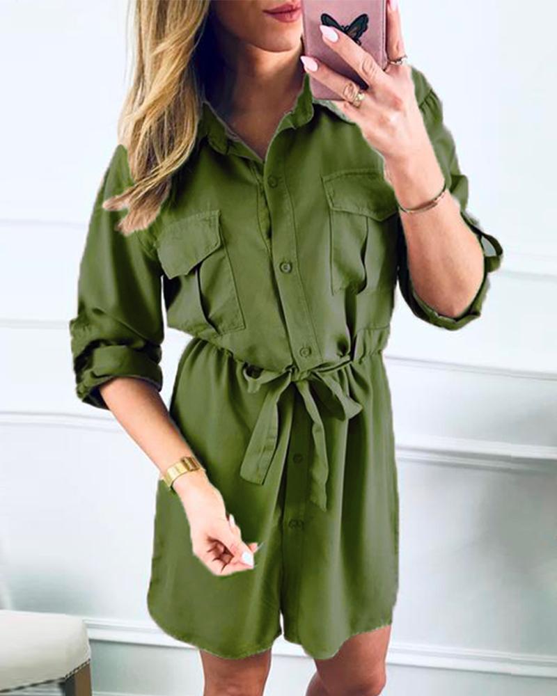 

Turn-down Collar Buttoned Cargo Dress, Green