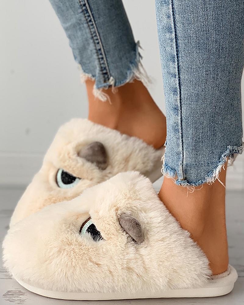 

Eyes Pattern Ear Design Fluffy Slipper, Beige