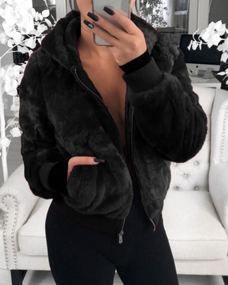 

Faux Fur Zipper Pocket Design Coat, Black