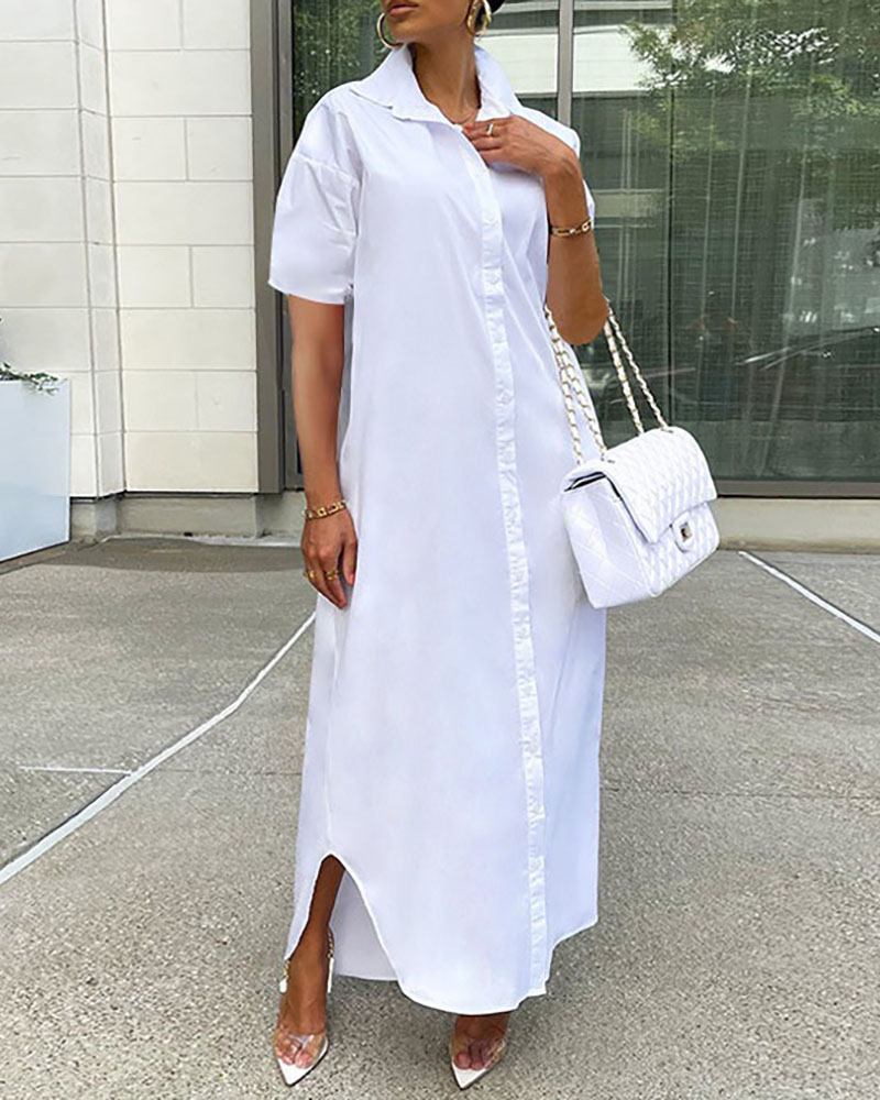 

Asymmetrical Short Sleeve Buttoned Shirt Dress, White