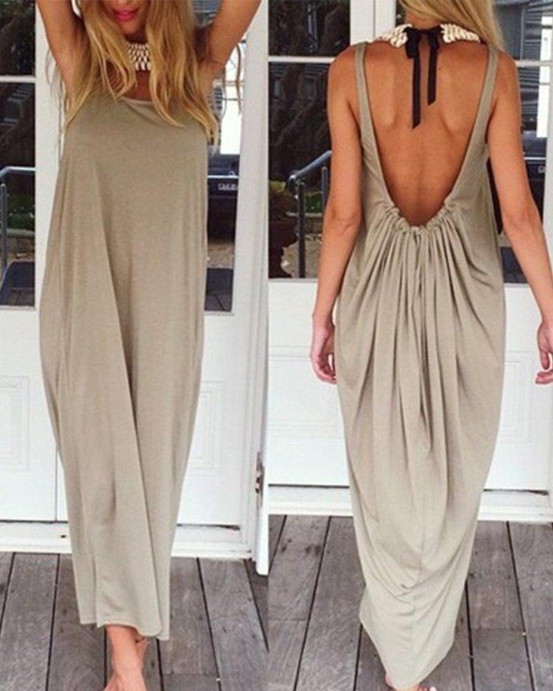 

Backless Ruched Casual Maxi Dress, Khaki