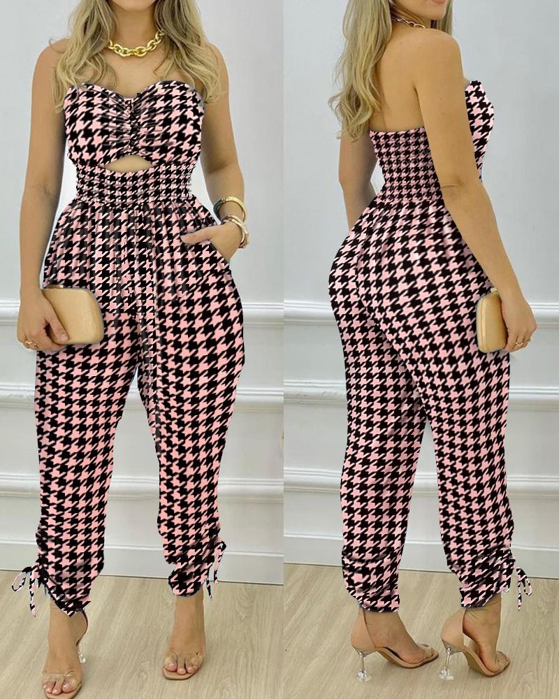 

Houndstooth Print Bandeau Cutout Elastic Tie Shirred Jumpsuit, Pink