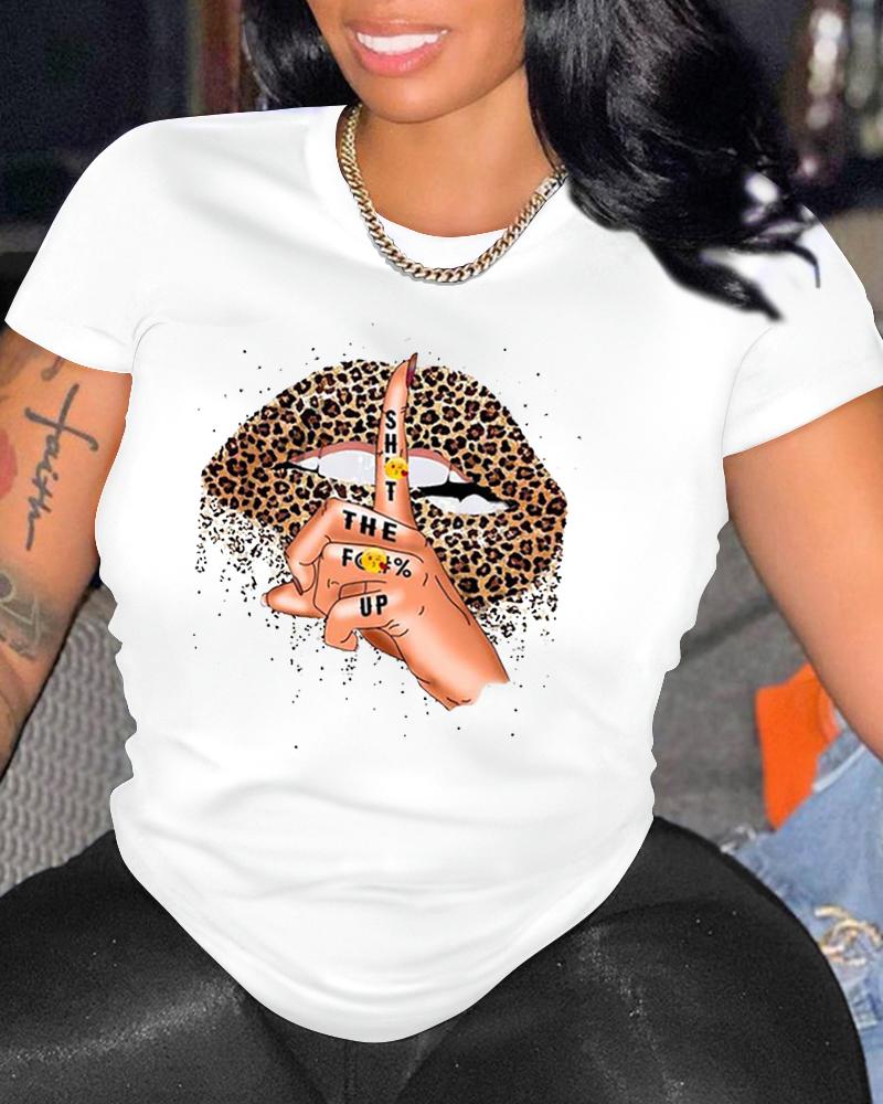 

Slogan Lip Print Short Sleeve Casual T-shirt, White
