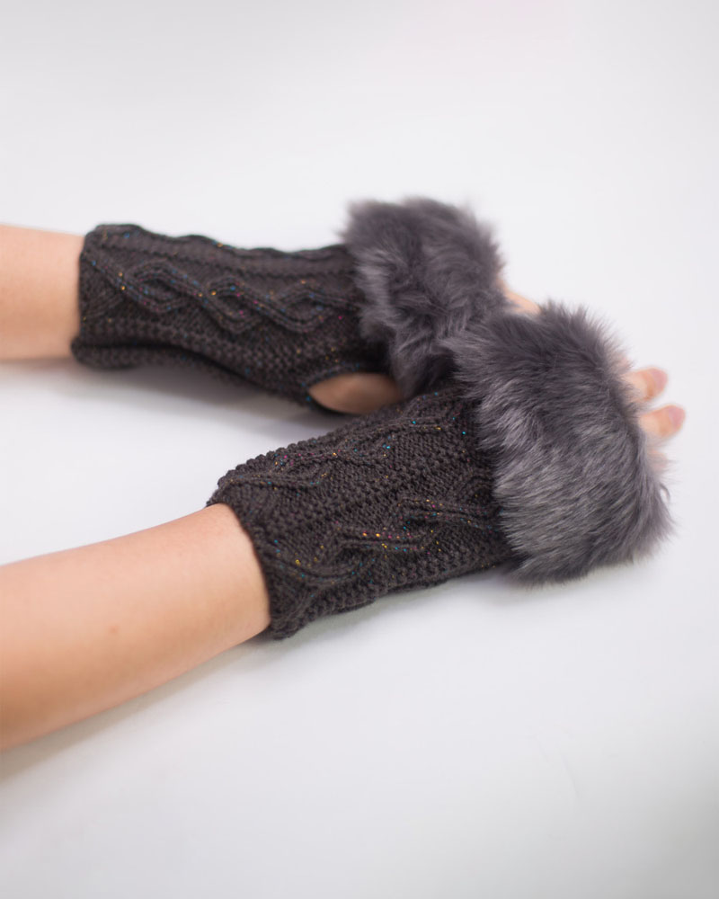 

Christmas Fuzzy Trim Fingerless Knit Gloves, Dark grey