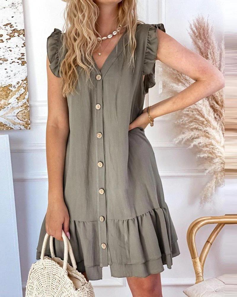 

Button Front Ruffle Hem V-Neck Casual Dress, Green