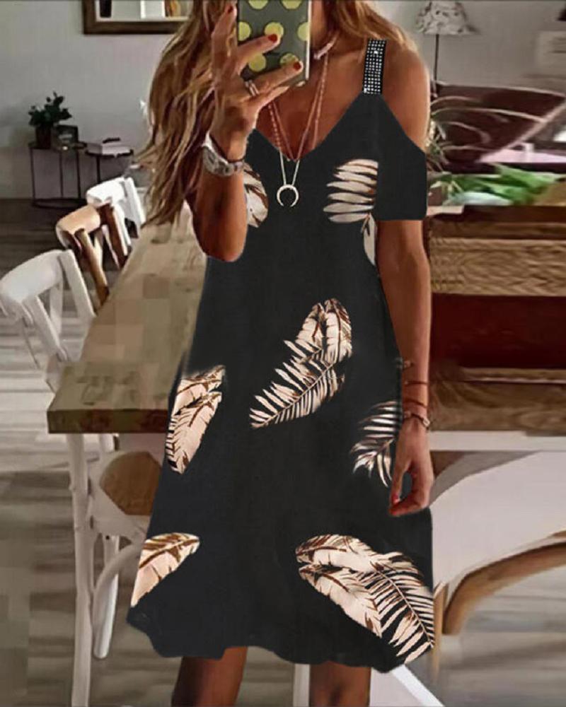 

Leaf Print Cold Shoulder Casual Dress, Black
