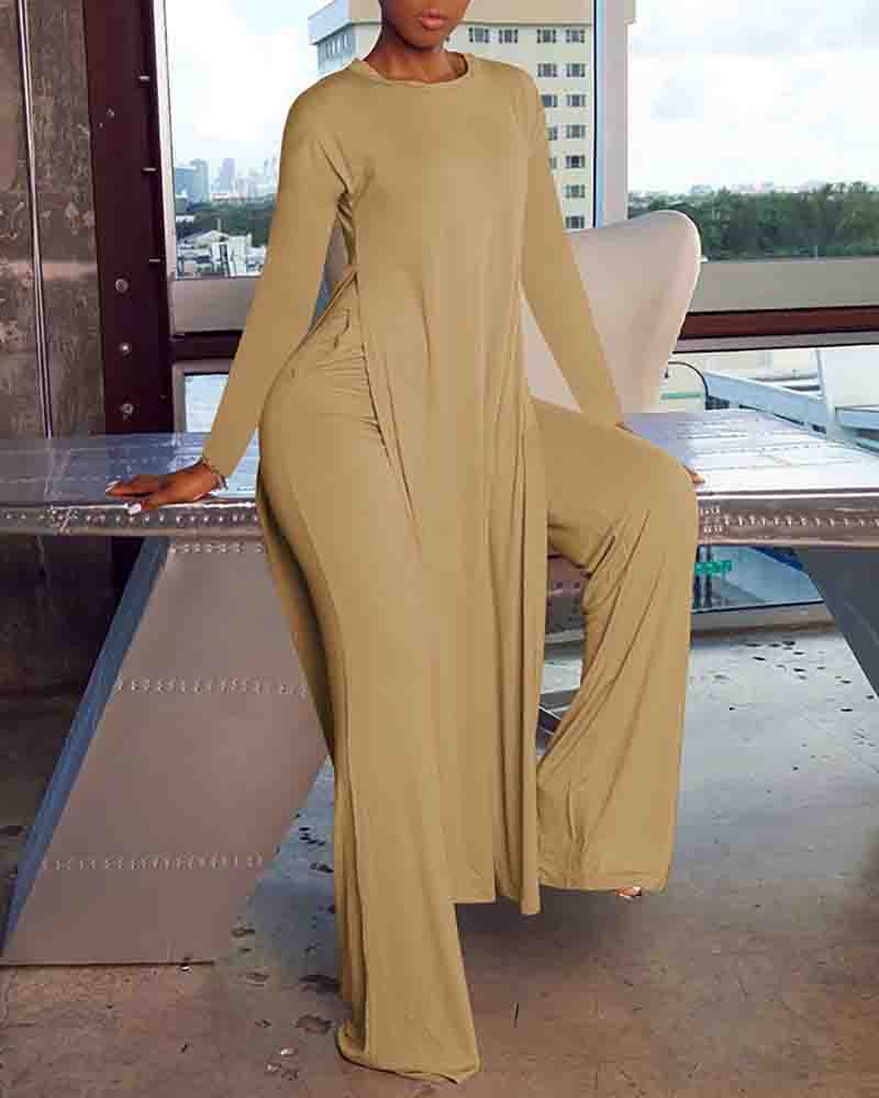 

High Slit Longline Top & Pocket Design Pants Set, Khaki