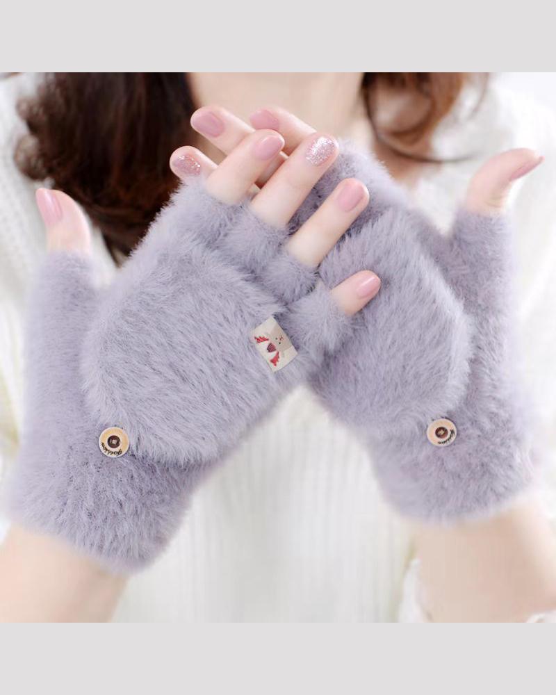 

1Pair Fuzzy Mitten Flap Warm Half Fingerless Thermal Gloves, Gray