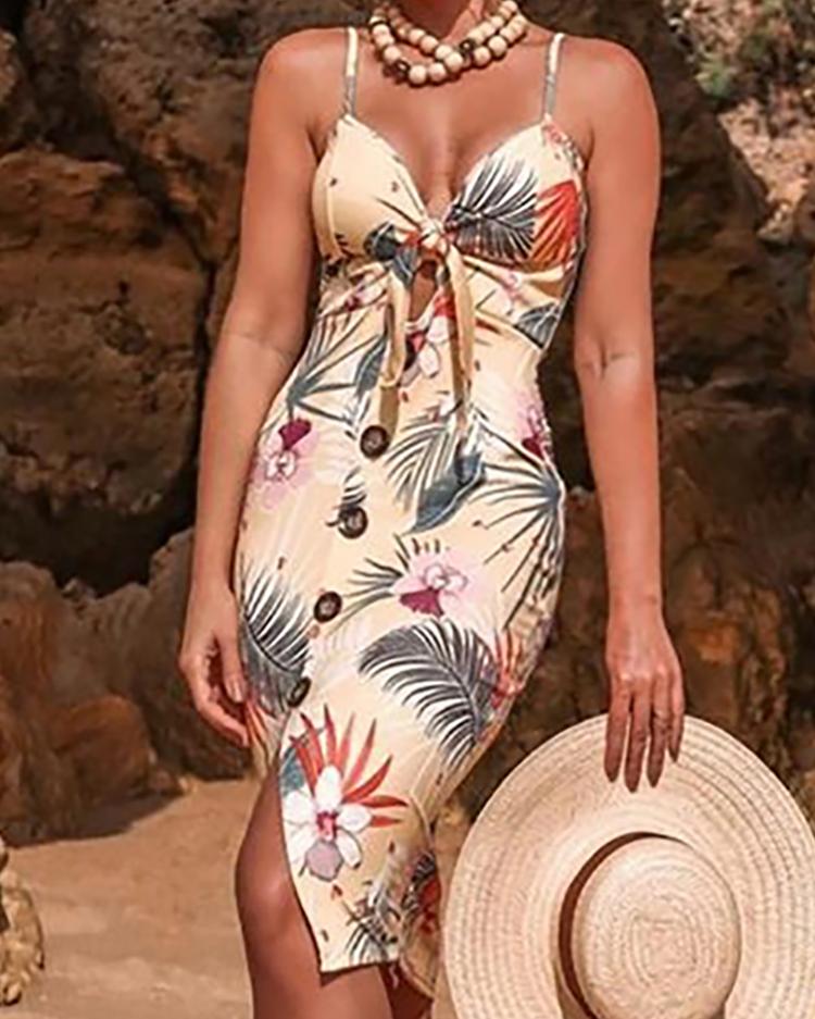 

Floral Print Knot Front Buttoned Dress, Apricot