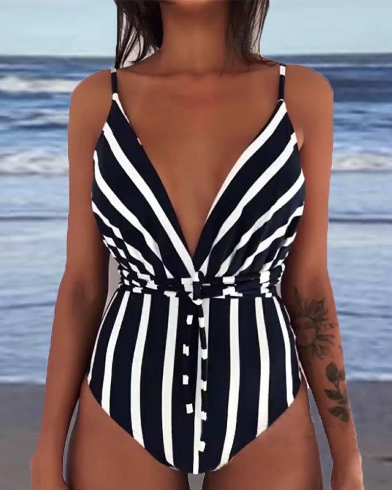 

Print Spaghetti Strap One Piece Swimsuit, Black