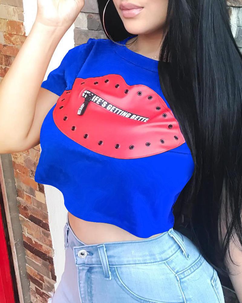 

Lip Print Short Sleeve Crop T-Shirt, Blue