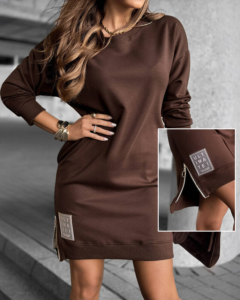 

Long Sleeve Drop Shoulder Side Zipper Slit Casual Mini Dress, Coffee