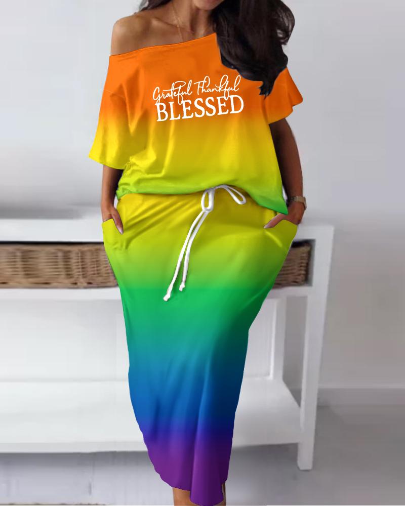 

Plus Size Ombre Grateful Thankful Blessed Print Top & Drawstring Skirt Set, Multicolor