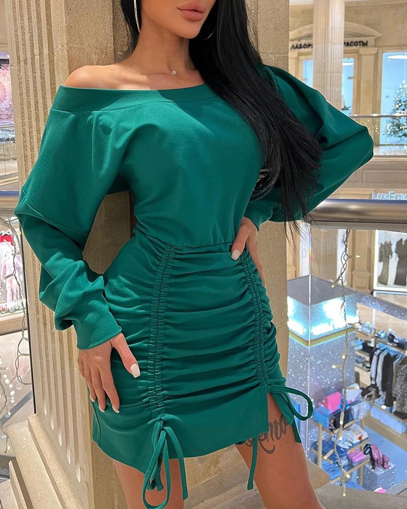

Batwing Sleeve Drawstring Sweatshirt Dress, Dark green