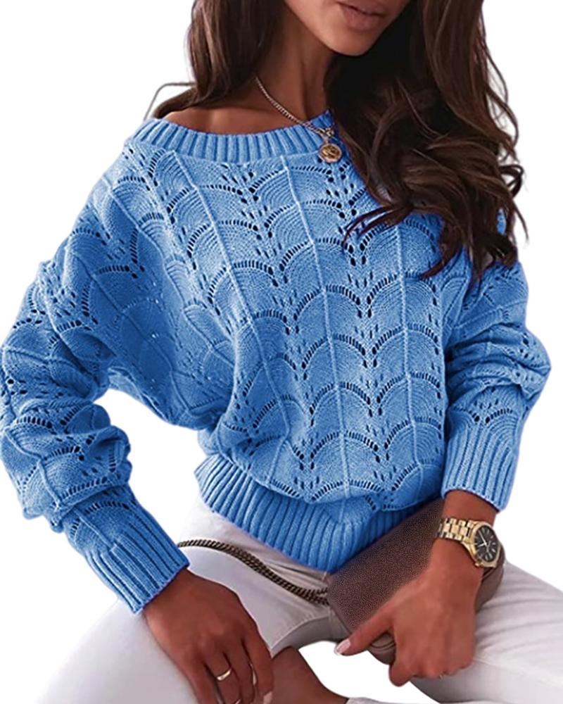 

Hollow Out Long Sleeve Casual Knit Sweater, Blue