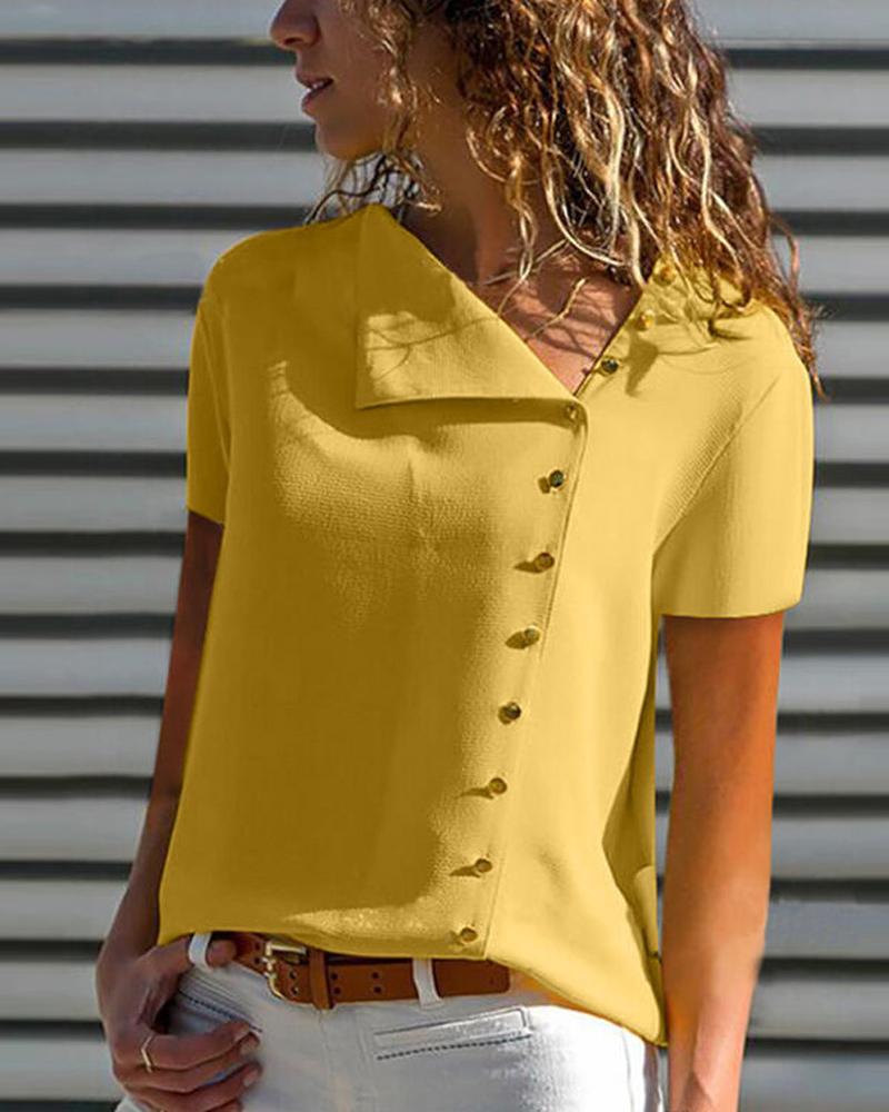 

Asymmetrical Neck Short Sleeve Button Front Shirt, Yellow