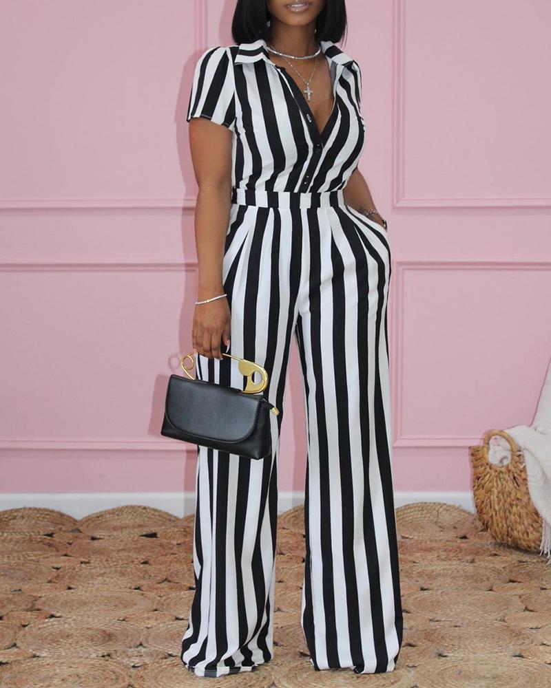 

Striped Pocket Design Buttoned Jumpsuit, Black
