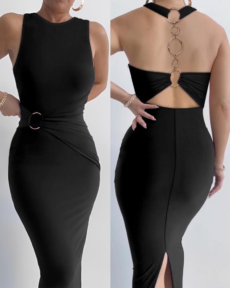 

O-Ring Backless Sleeveless Party Dress, Black