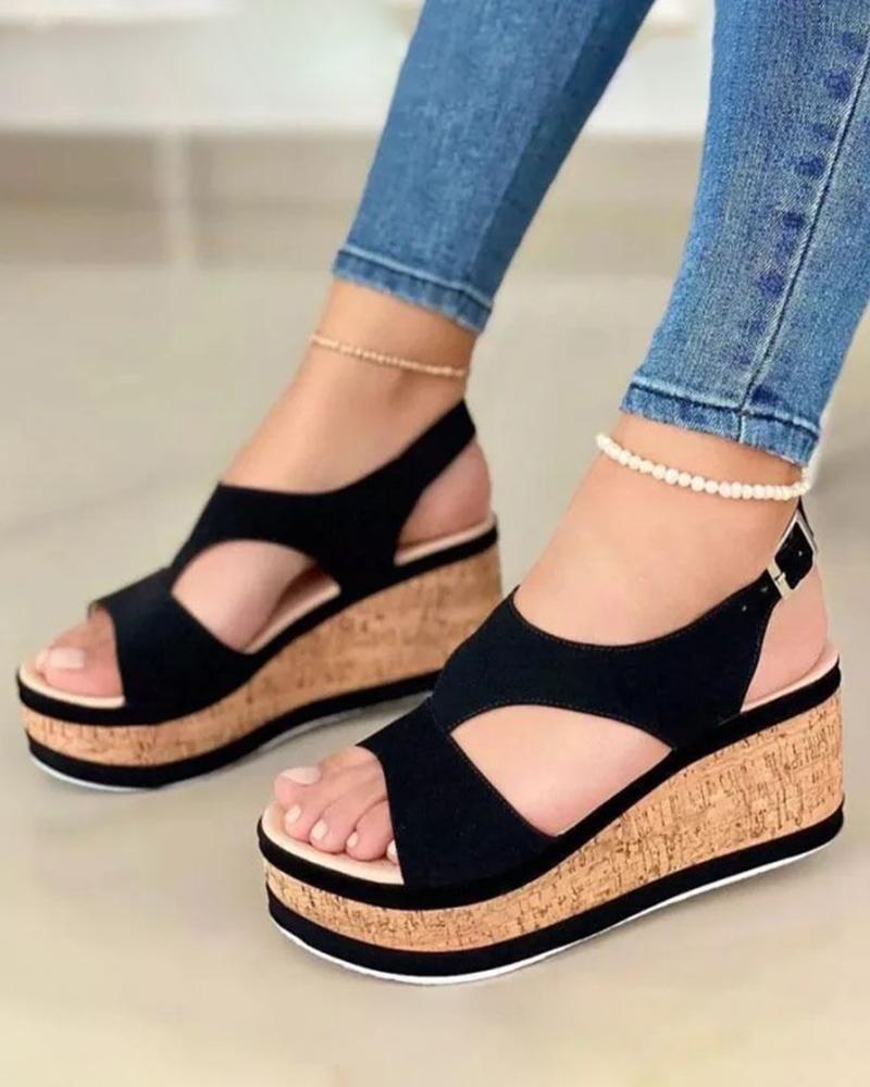 

Cutout Peep Toe Slingback Woven Flax Wedge Sandals, Black