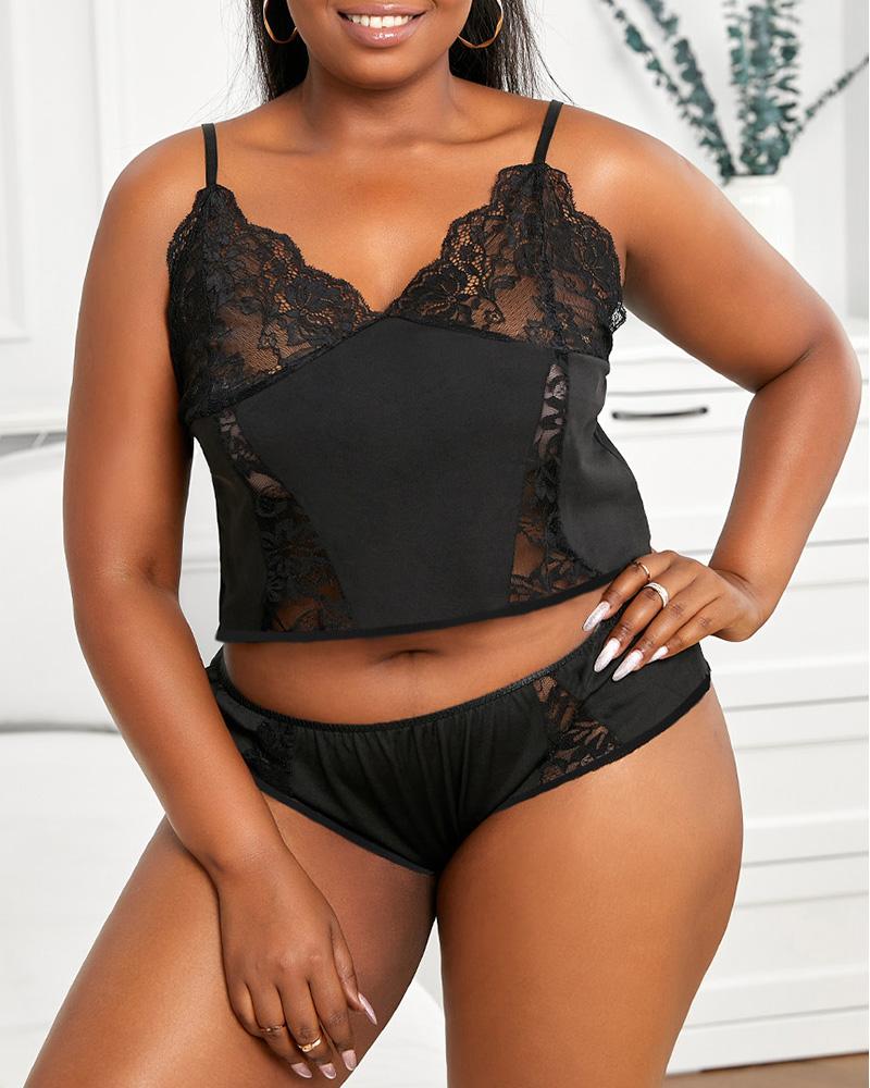 

Plus Size Spaghetti Strap Crochet Lace V Neck Lingerie Set, Black
