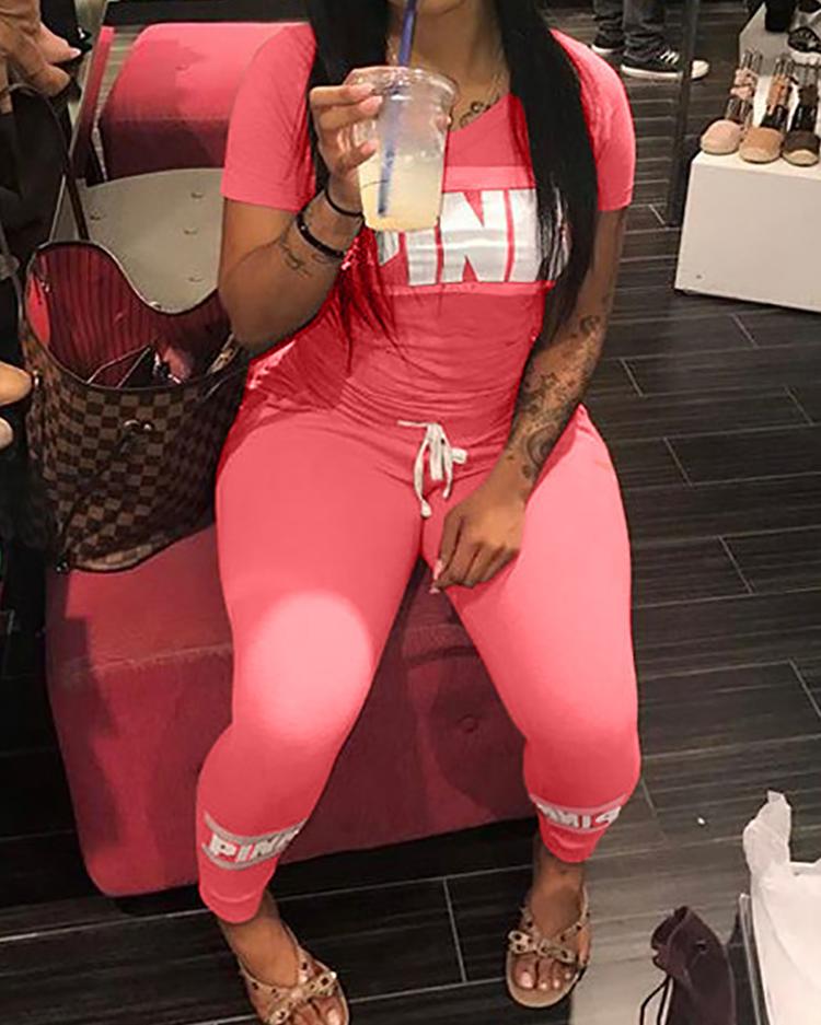 

Letter Print Drawstring Sports Sets, Pink