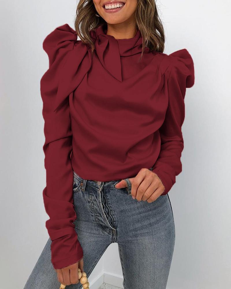 

Solid Puff Sleeve Tied Neck Women Blouse, Red
