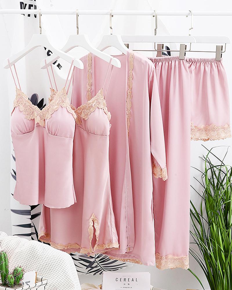 

Comfy Ice Slik Five-piece Cami Pajamas Sets, Pink