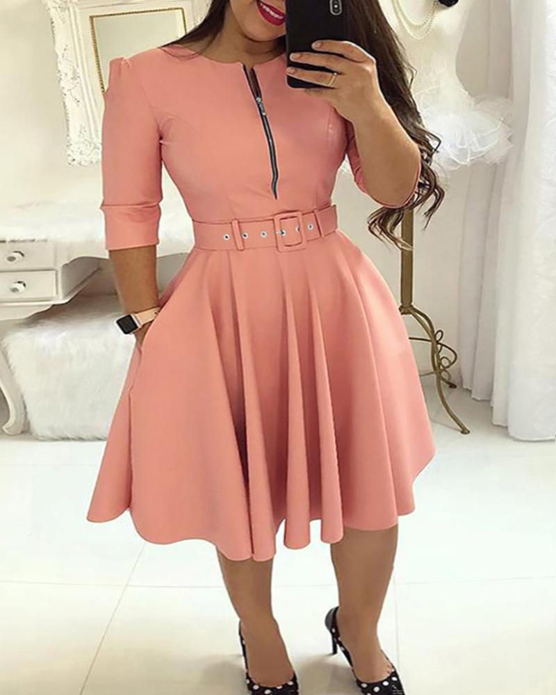 

Plus Size Zipper Design Round Neck Casual Dress With Belt, Pink