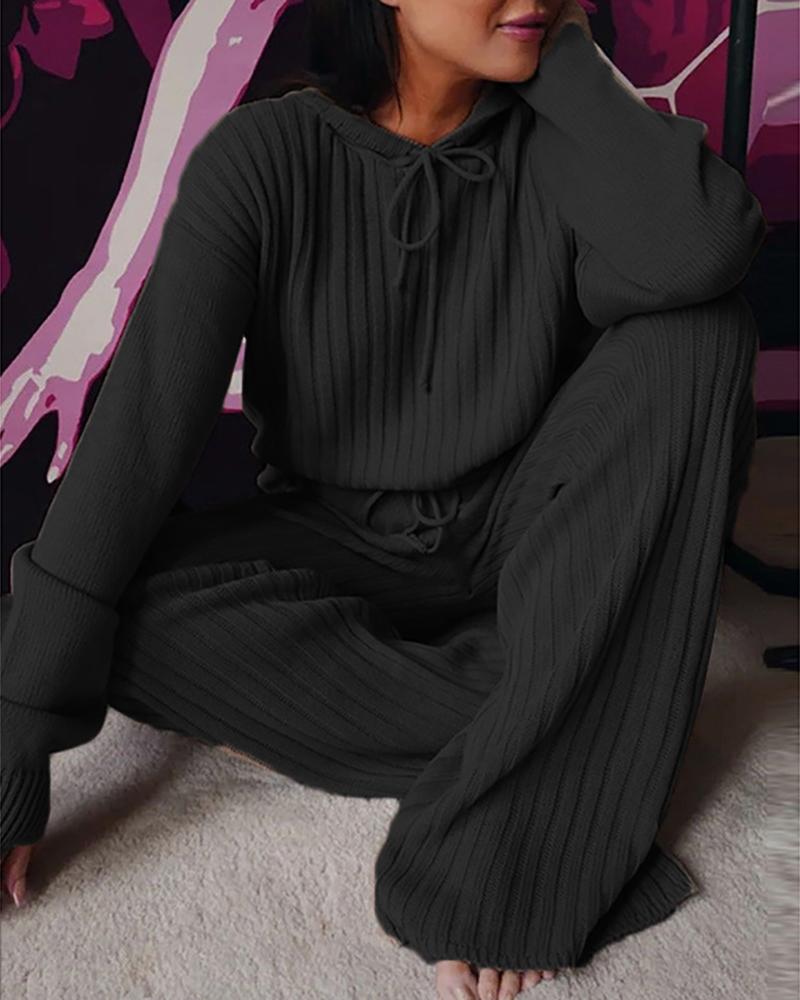 

Drawstring Hooded Top & Pants Set, Black