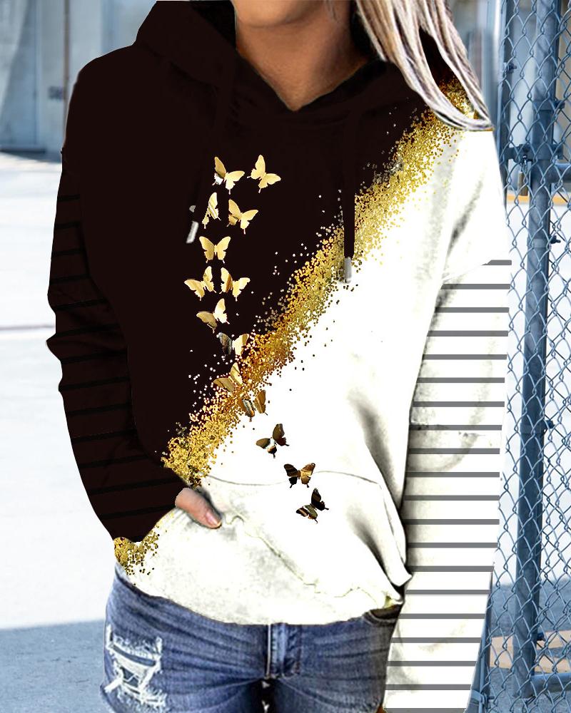 

Plus Size Butterfly Print Colorblock Long Sleeve Hoodie, Black