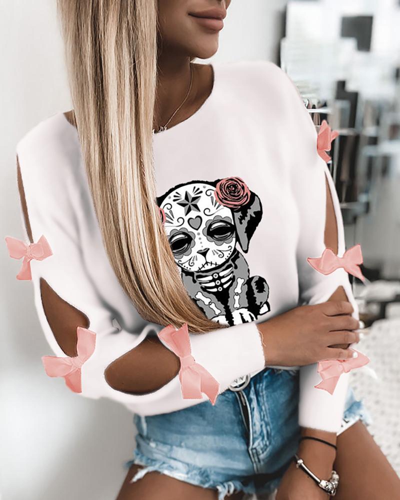 

Dog Pattern Skeleton Print Bowknot Decor Cutout Top, White
