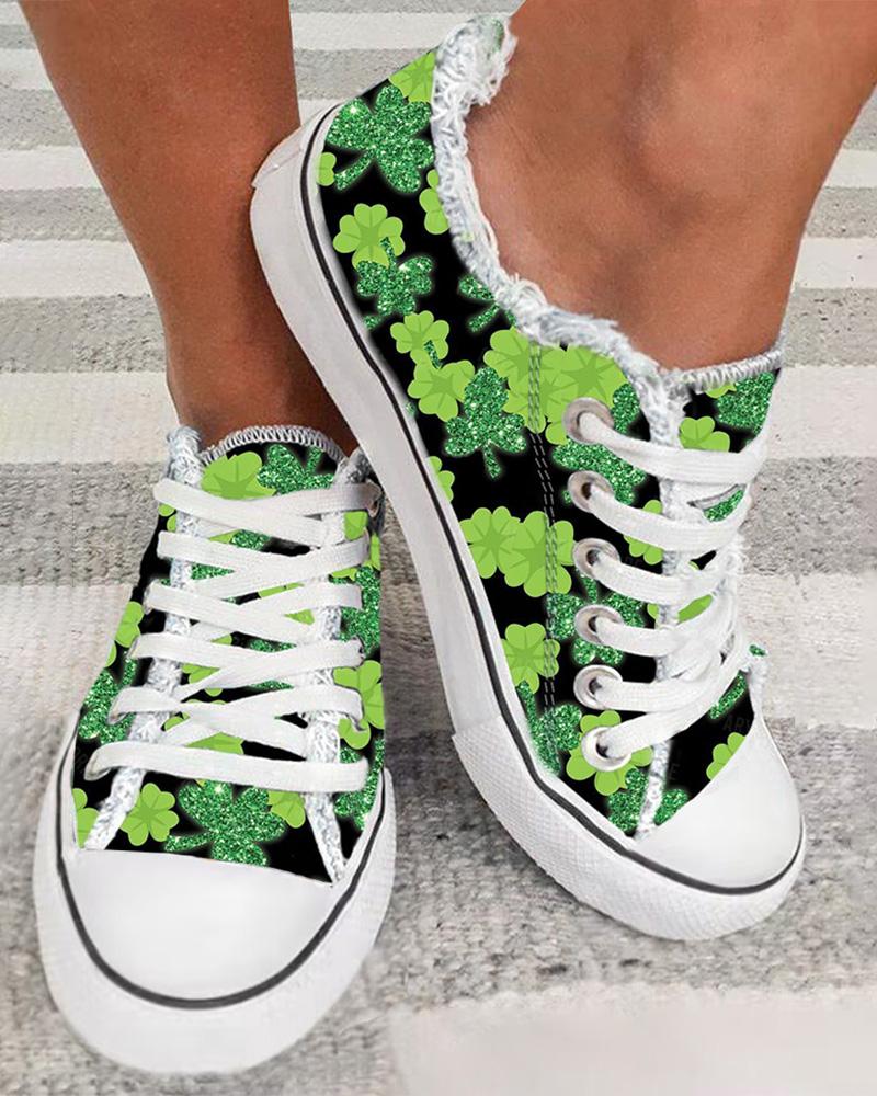 

St. Patrick's Day Lucky Clover Print Fringe Hem Canvas Sneakers, Black&green