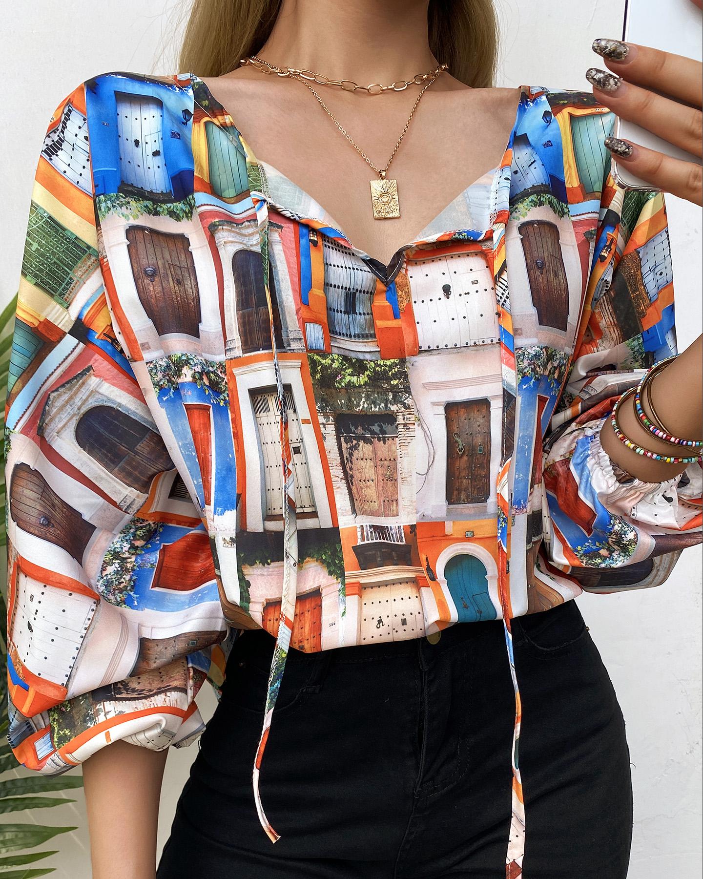 

All Over Print Lantern Sleeve Top, Multicolor