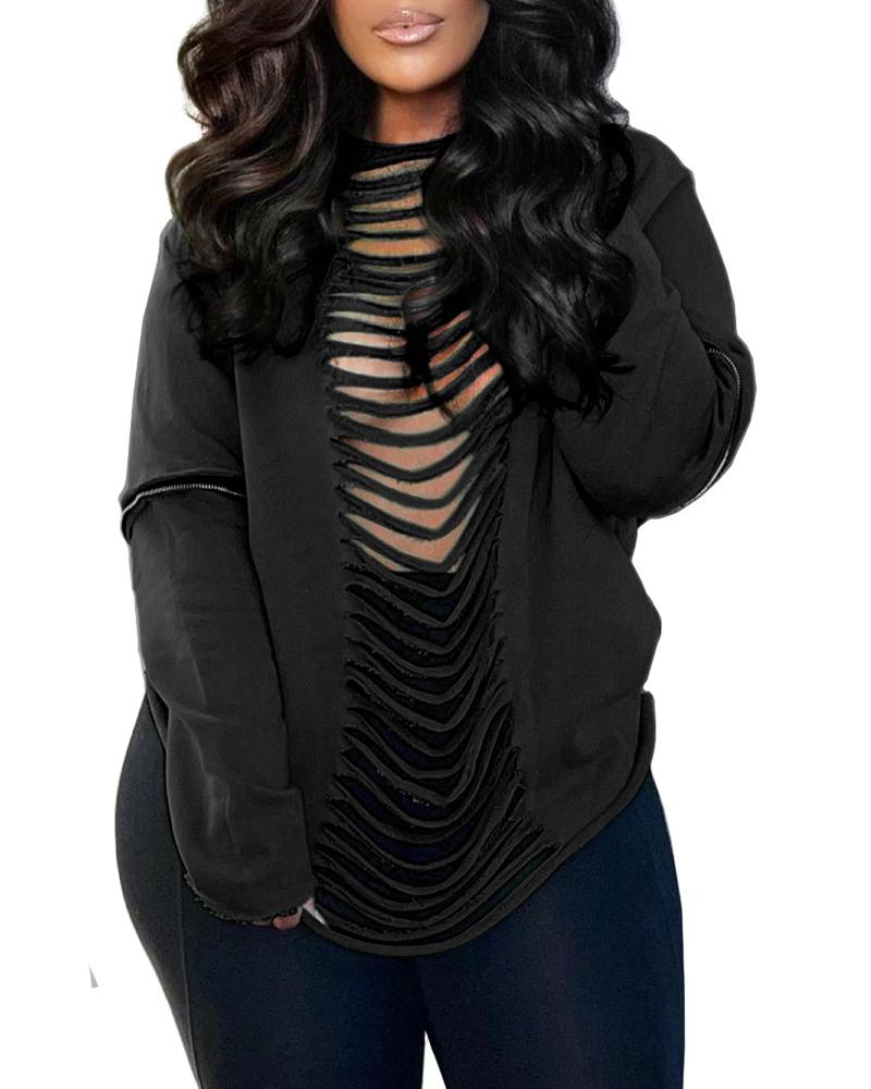 

Round Neck Ladder Cutout Long Sleeve Sweatshirt, Black