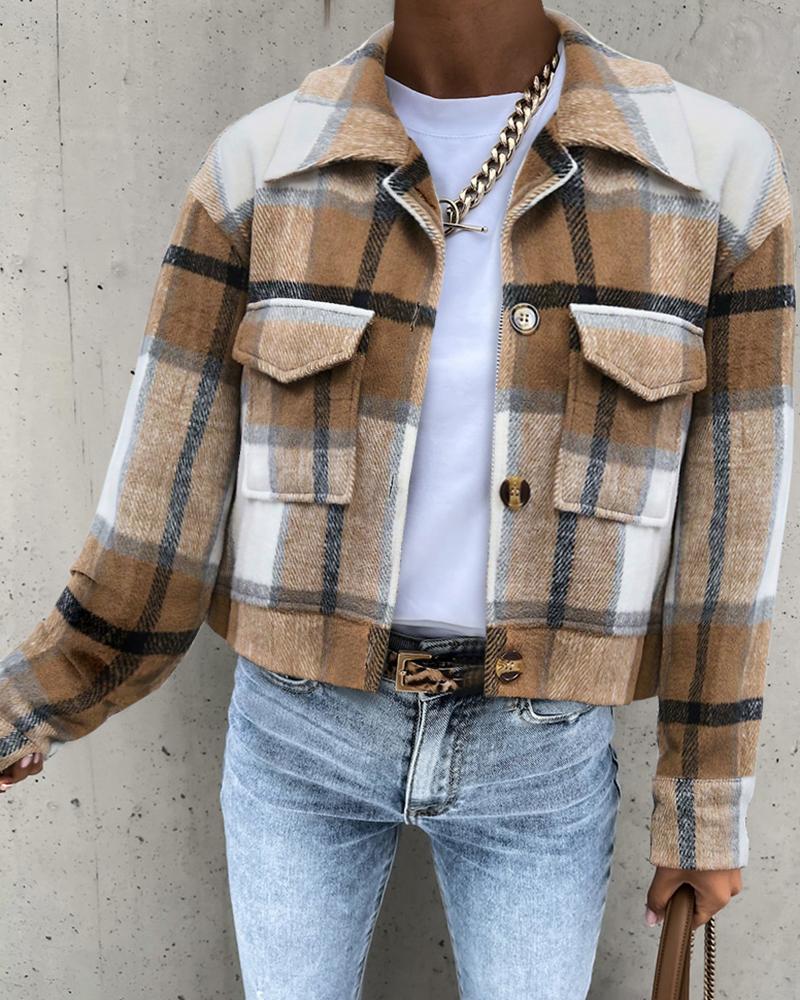

Plaid Print Buttoned Notched Collar Jacket, Brown