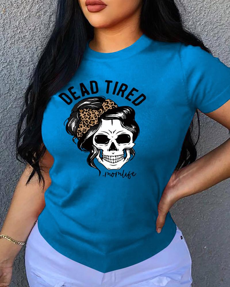 

Letter / Graphic Print O Neck Short Sleeve T-Shirt, Dark blue