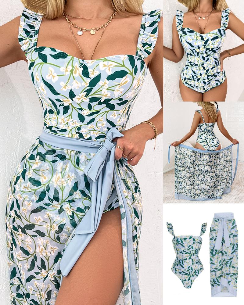 

Plants Print Ruffle Hem One-Piece Swimsuit With Cover Up, Green