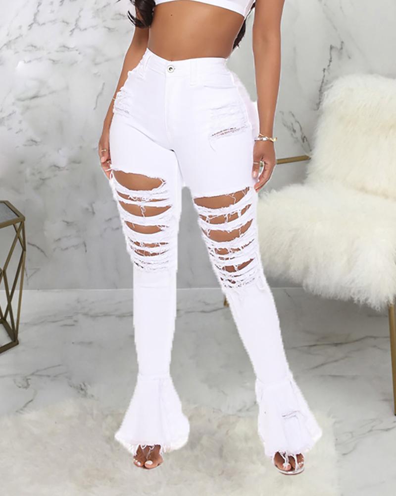 

Ripped Fringe Hem Ladder Cutout Bootcut Jeans, White