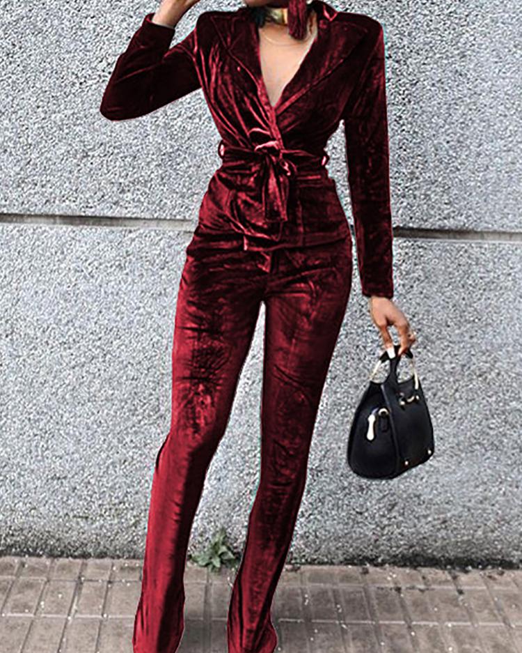 

Velvet Plunge Long Sleeve Top & Pants Set, Wine red