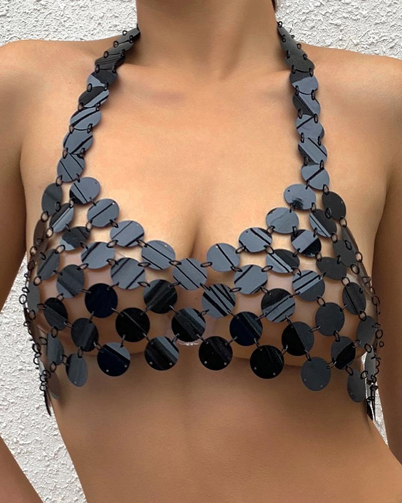 

1pc Disc Sequins Hollow Out Halter Outfits Beach Bra Chain, Black