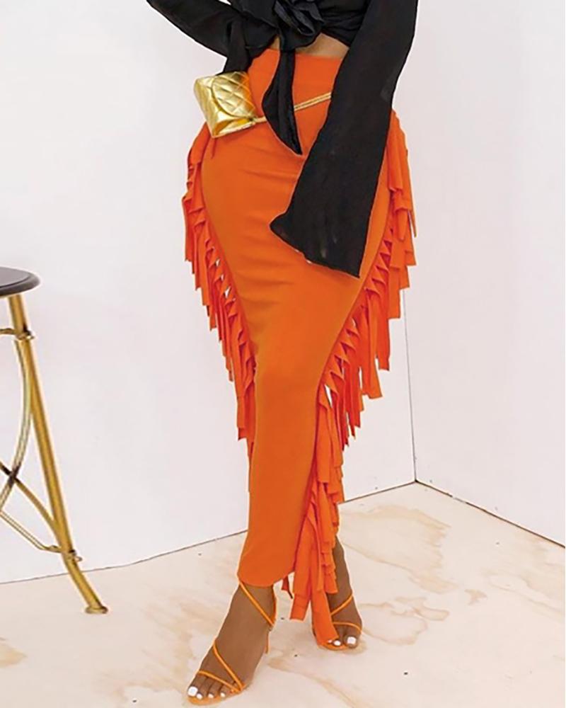 

High Waist Tassel Design Maxi Skirt, Orange