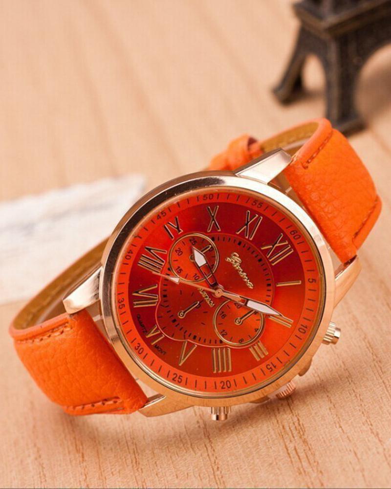 

1pc Leather Band Quartz Watch, Orange