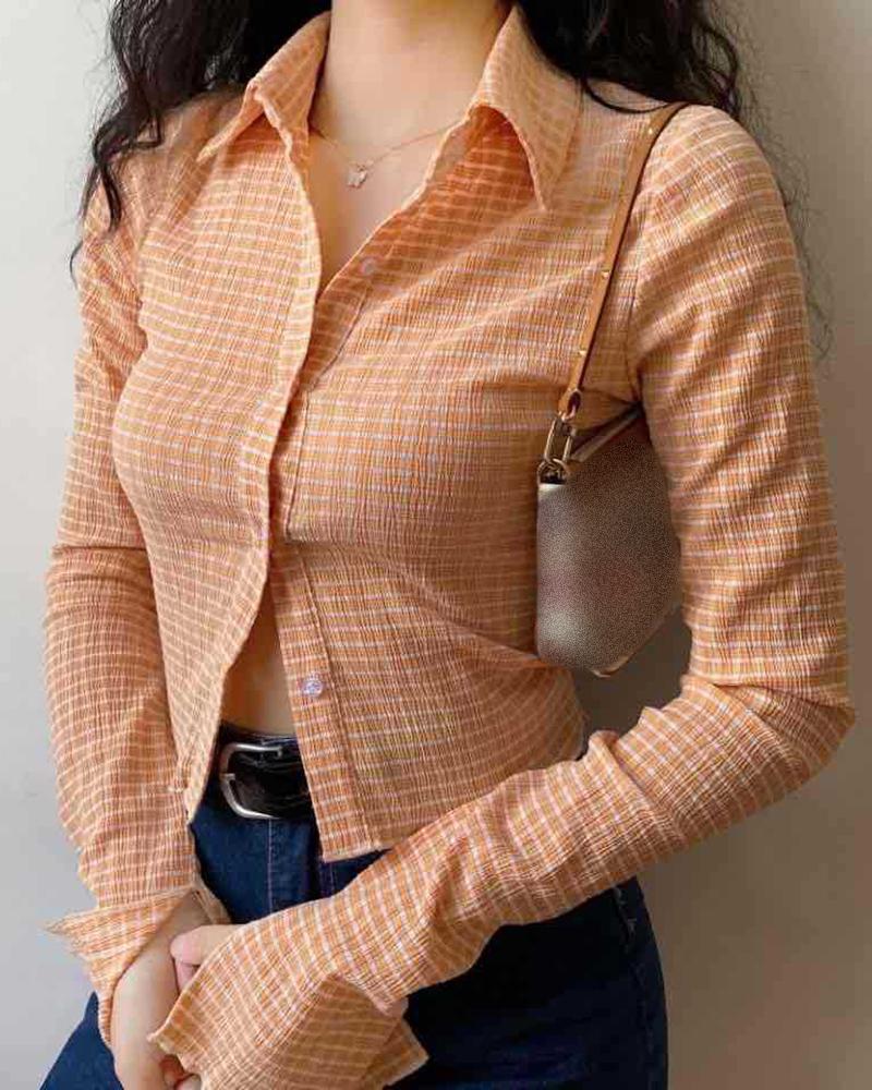 

Plaid Print Button Design Long Sleeve Shirt, Orange