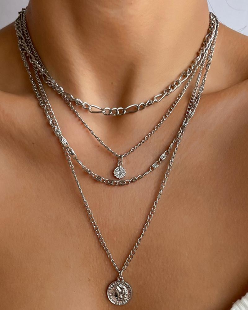 

4pcs Punk Figure Pattern Coin Pendant Layered Necklace, Silver
