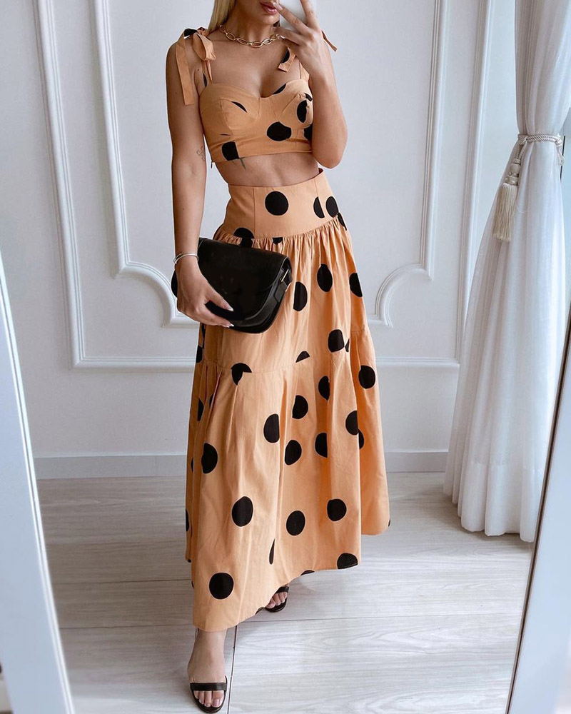 

Polkadot Print Tied Detail Crop Top & Maxi Skirt Sets, Khaki