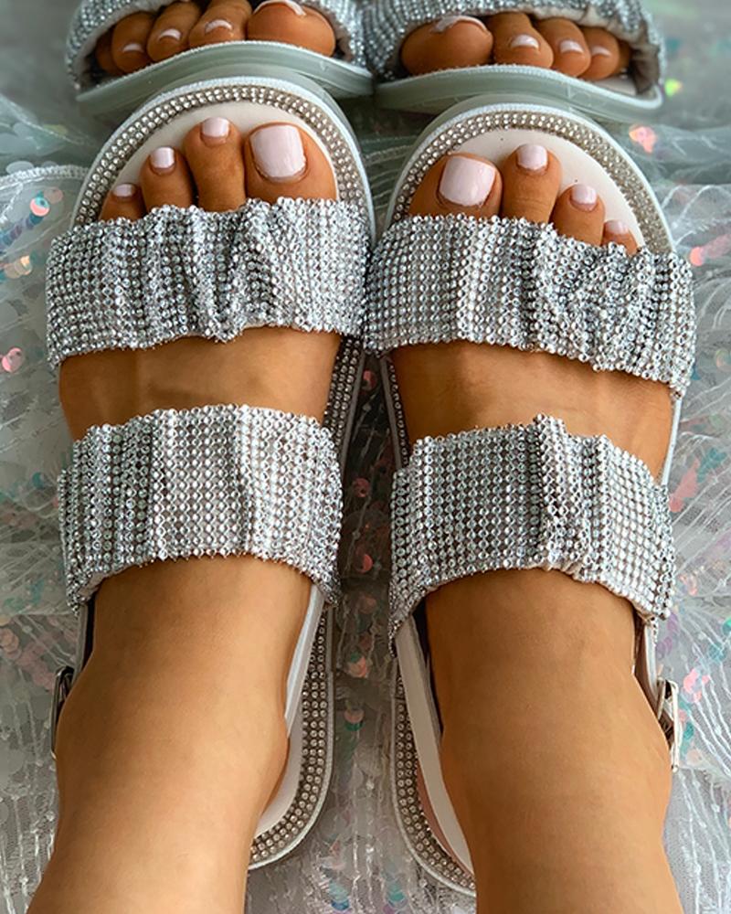 

Sparkling Studded Strap Slippers, Beige