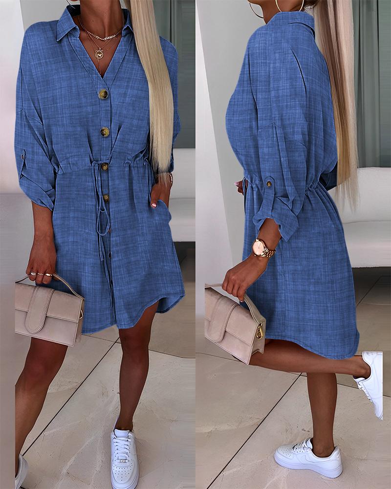 

Roll Up Sleeve Drawstring Shirt Dress, Blue
